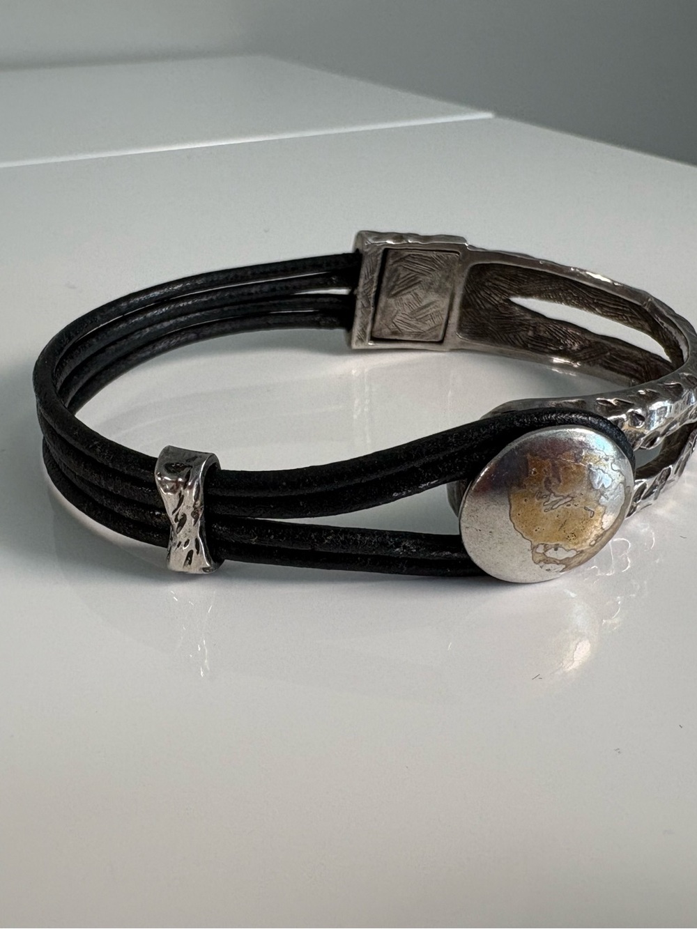 Black Leather Multi-Strand Bracelet with Silver Accents
